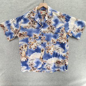 Hilo Hattie Hawaiian Shirt Adult XL Blue Floral Palm Trees Clouds Soft Tropical